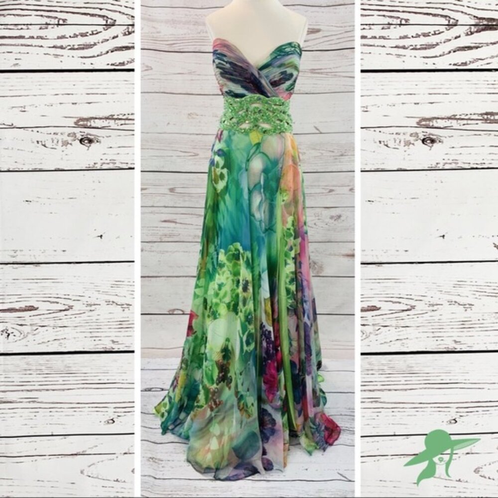 Mac Duggal watercolor beaded open waist sheer